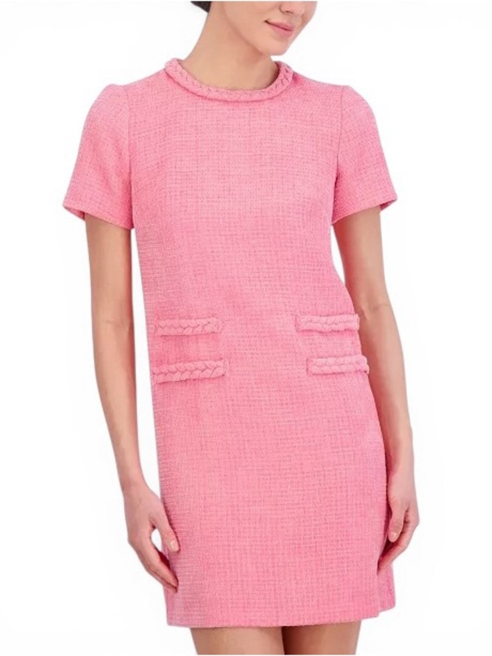Eliza J Dress Women Pink Boucle Shift Braided Trim Size 12P NWT